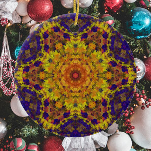 Digital Mandala Yellow Blue and Purple Ceramic Ornament