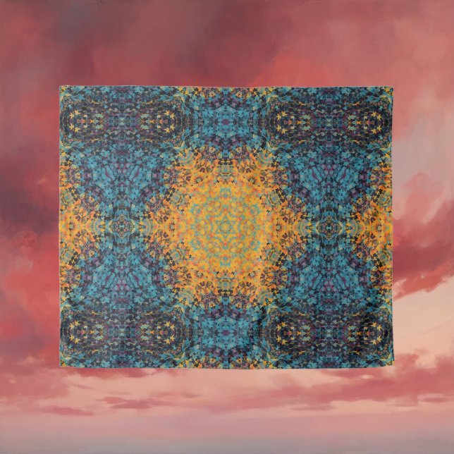 Digital Mandala Yellow Blue and Red Tapestry (Yellow Blue and Red Digital Mandala Tapestry by Wormhole Orbital)
