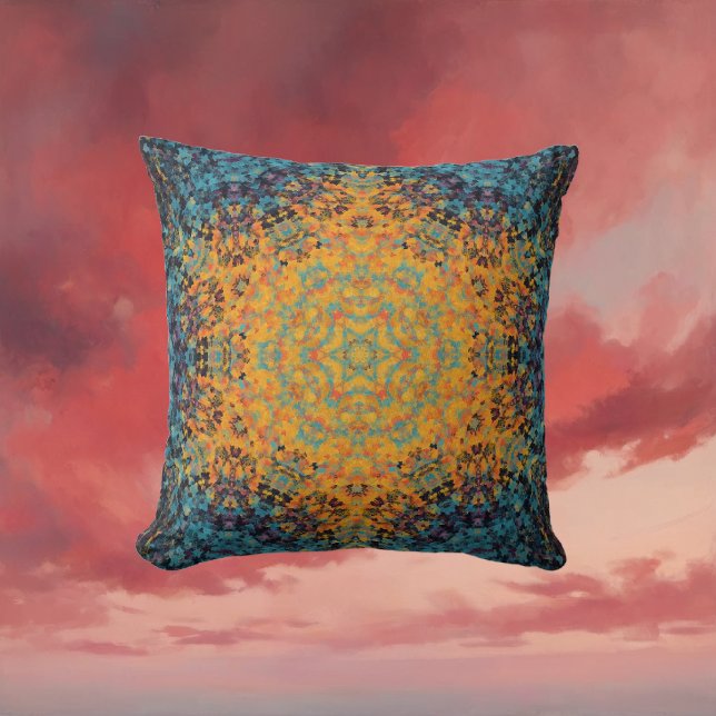 Digital Mandala Yellow Blue and Red Throw Pillow (Yellow Blue and Red Digital Mandala Throw Pillow by Wormhole Orbital)