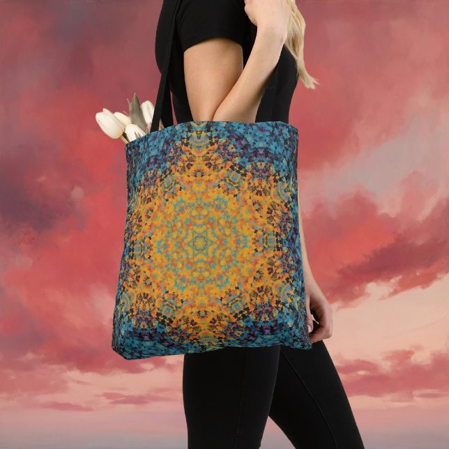 Digital Mandala Yellow Blue and Red Tote Bag (Yellow Blue and Red Digital Mandala Tote Bag by Wormhole Orbital)