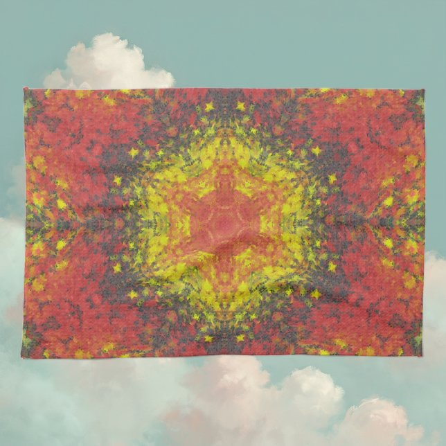 Digital Mandala Yellow Red and Black Kitchen Towel (Yellow and Red Digital Paint Mandala Kitchen Towel By Wormhole Orbital)