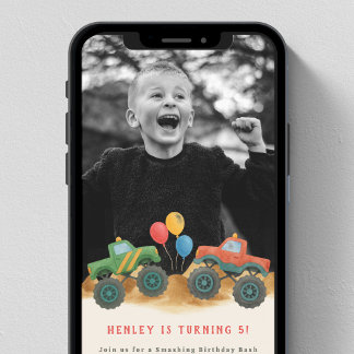 Digital Monster Truck Kids Photo Birthday Party Invitation