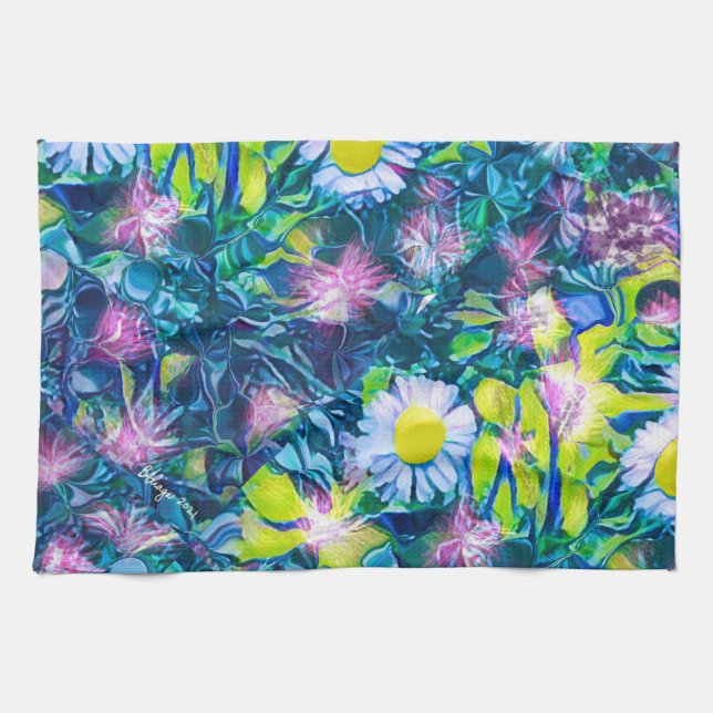 Digital Nature Floral, Daisy  Blues Kitchen Towel (Horizontal)