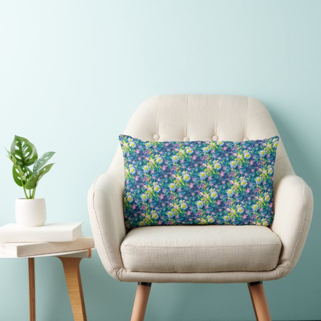 Digital Nature Floral, Daisy  Blues Lumbar Pillow (Chair)