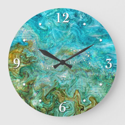Digital Painting  Alcohol Ink Water Waves Beach Large Clock