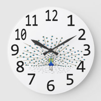 Digital Painting Blue Peacock Large Black Numbers Clock