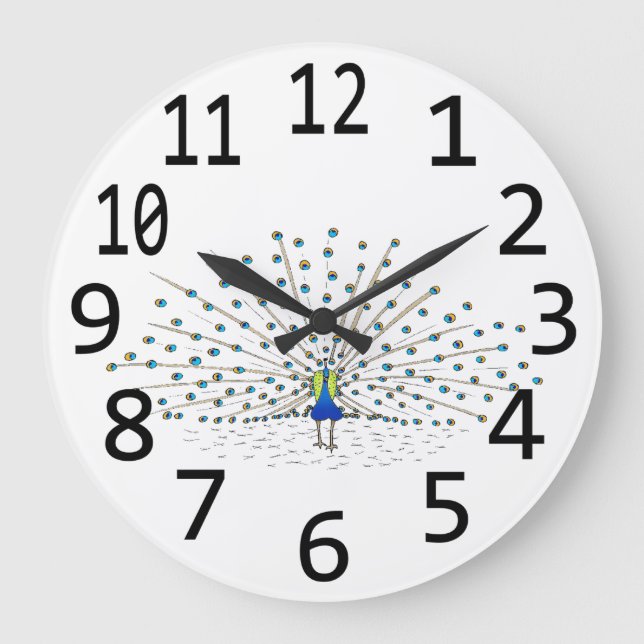 Digital Painting Blue Peacock Large Black Numbers Large Clock (Front)