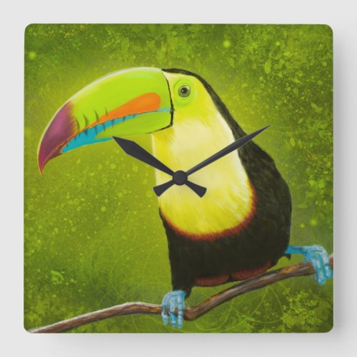 Digital Painting of a Tropical Jungle Toucan Bird Square Wall Clock