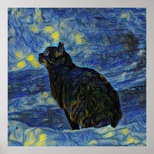 Digital painting Shambhala cat in Vincent Van Gogh Poster