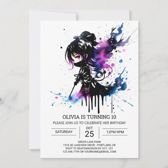Digital Pastel Ninja Girl Birthday Invitation (Front)