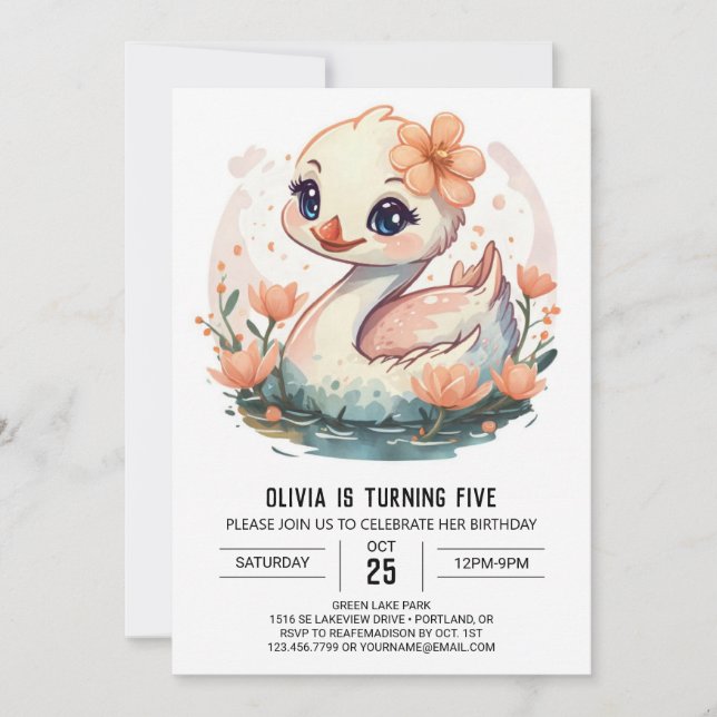 Digital Pink Swan Bird Birthday Invitation (Front)