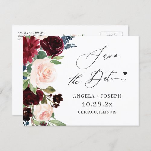 Digital Postcard Burgundy Blush Floral Wedding Save The Date
