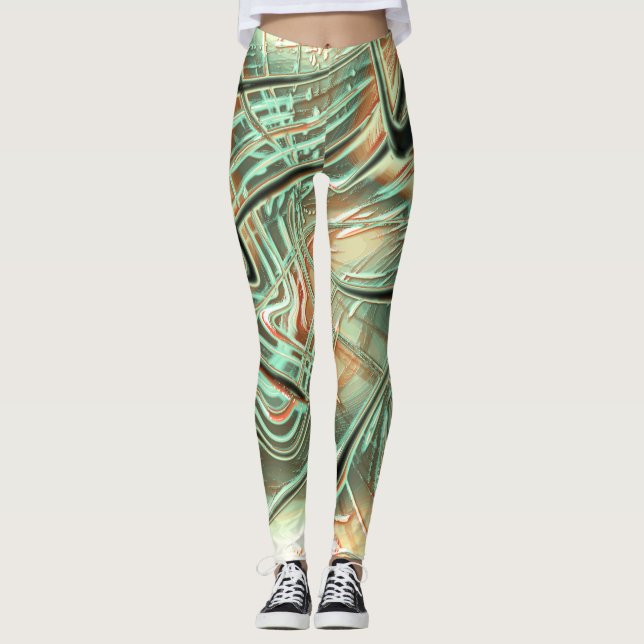 Digital rough wavy strokes on pale orange to green leggings (Front)