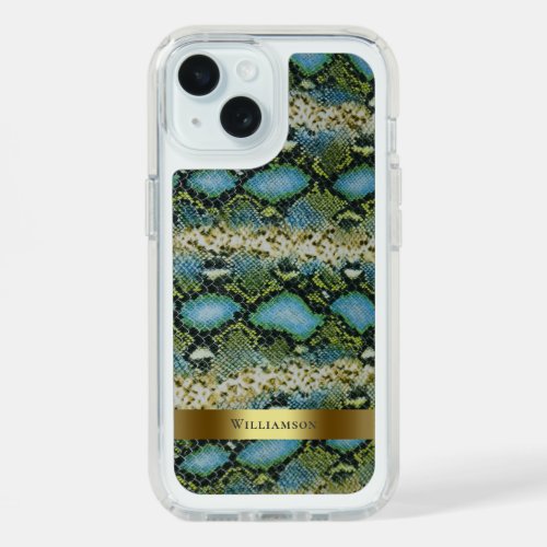 Digital Snakeskin Leather Gold Metal Blue Green iPhone 15 Case