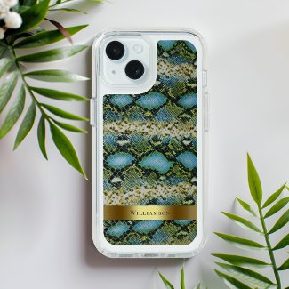 Digital Snakeskin Leather Gold Metal Blue Green