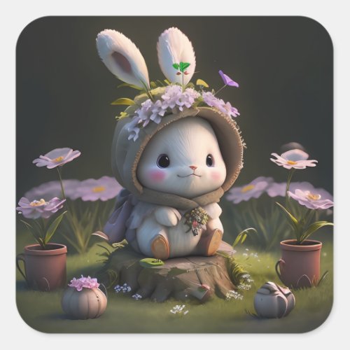 Digital Sticker A cute rabbit in the garden Square Sticker