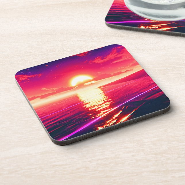 Digital Synthwave Sunset Sea Reflection Beverage Coaster (Left Side)