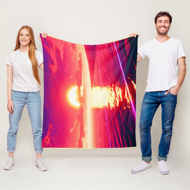 Digital Synthwave Sunset Sea Reflection Fleece Blanket (In Situ)