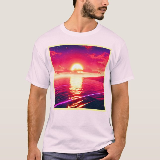 Digital Synthwave Sunset Sea Reflection T-Shirt (Front)