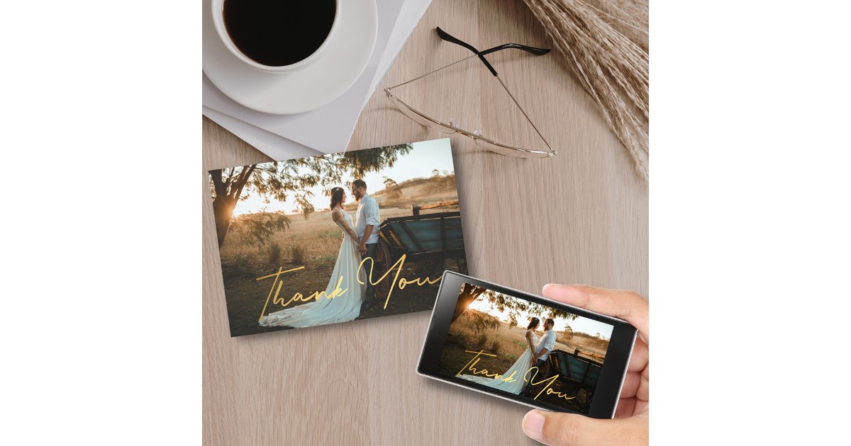 digital thank you gold handwriting wedding photo card | Zazzle