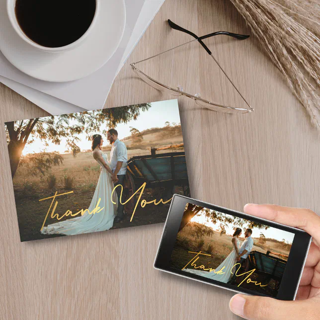 digital thank you gold handwriting wedding photo card | Zazzle