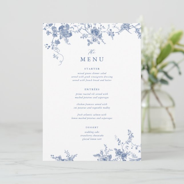Digital Victorian Blue Floral Wedding Table Menu Invitation (Standing Front)