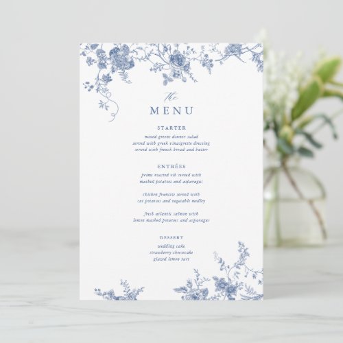 Digital Victorian Blue Floral Wedding Table Menu Invitation