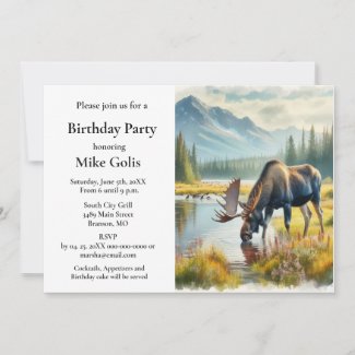 Digital Watercolor Moose at Denali Park Birthday 