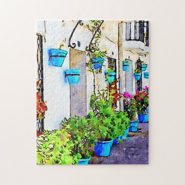 Digital watercolour of street in Mijas Pueblo Jigsaw Puzzle (Vertical)