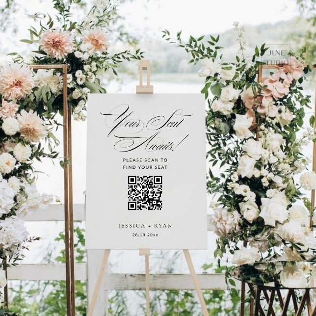 Digital Wedding Script Seating Chart QR Code Sign (Digital Wedding Seating Chart with QR Code Sign)