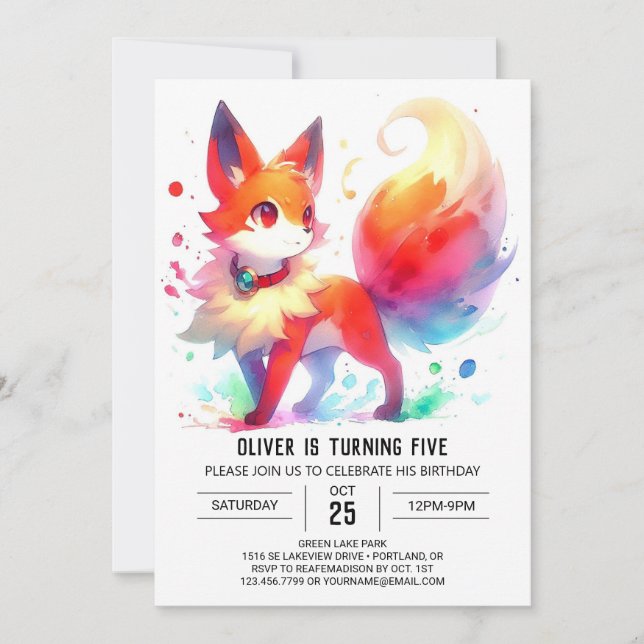  Digital Whimsical Fox Birthday Invitation (Front)
