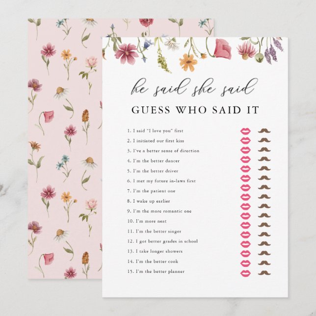 Digital Wildflower He Said She Said Bridal Shower Invitation (Front/Back)