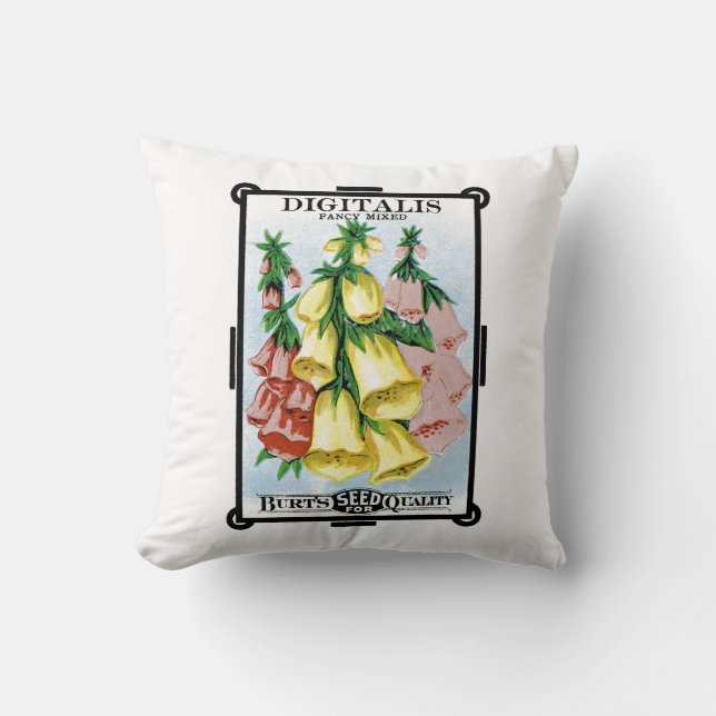 Digitalis Seed Packet Label Throw Pillow (Front)