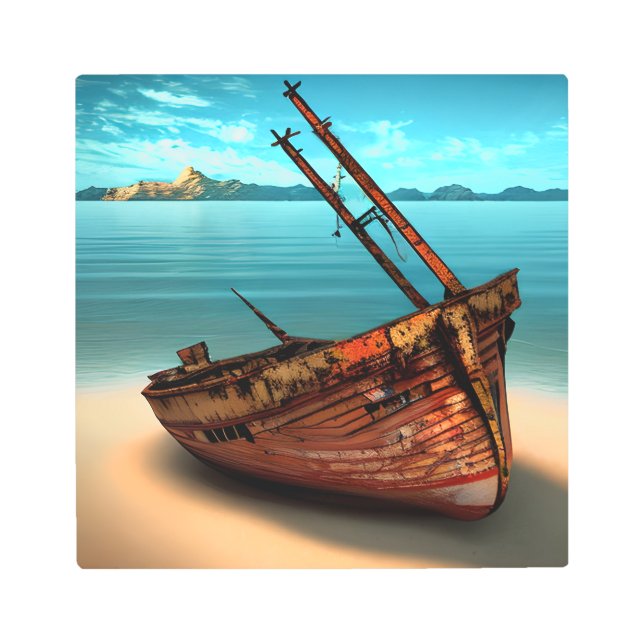 Dilapidated Boat on an Abandoned Sandy Beach Metal Print (Front)
