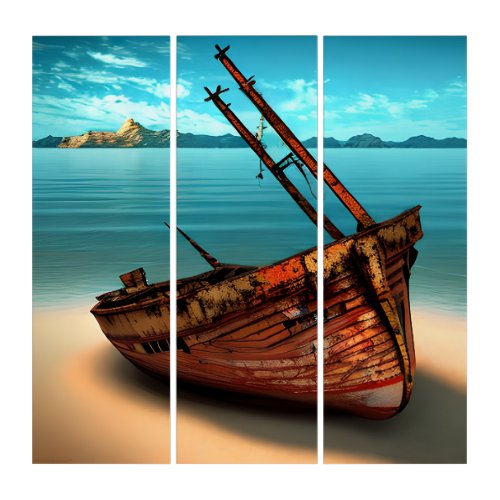 Dilapidated Boat on an Abandoned Sandy Beach Triptych
