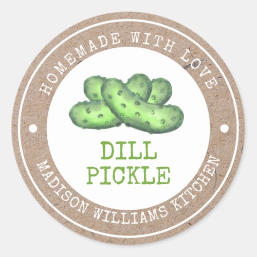Dill Pickle Homemade with Love on Faux Kraft Paper Classic Round Sticker