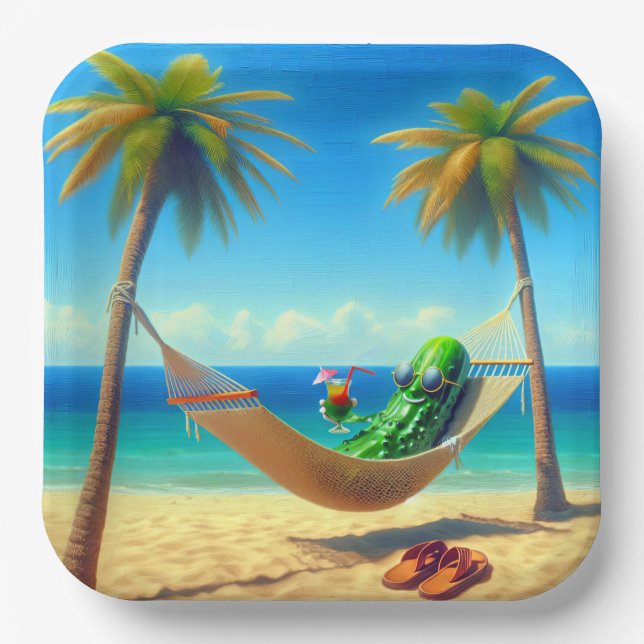 Dill Pickle With Cocktail In a Hammock Paper Plates (Front)
