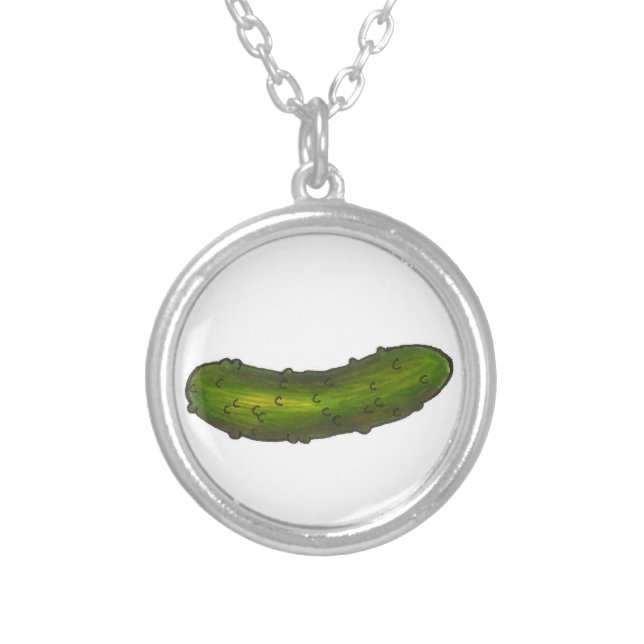 Dill Pickles Crunchy Green Sour Pickle Foodie Gift Silver Plated Necklace (Front)