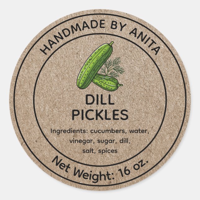 Dill Pickles Cucumbers Jar Label Kraft Design (Front)