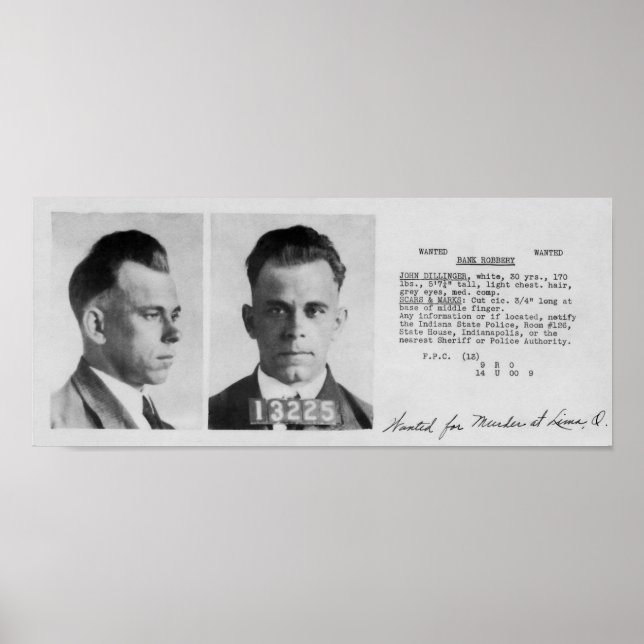 DILLINGER WANTED FILE DOCUMENT 1933 POSTER (Front)