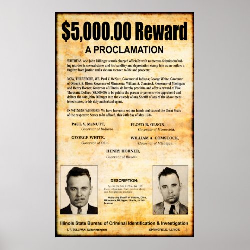 DILLINGER WANTED PROCLAMATION _ MAY 1934 POSTER
