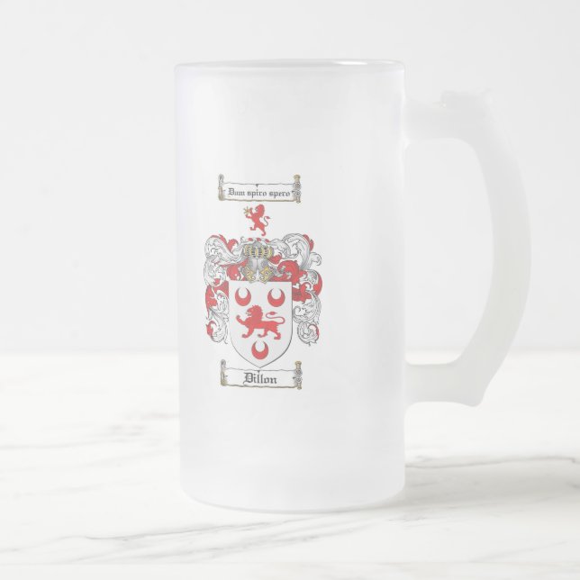 DILLON FAMILY CREST -  DILLON COAT OF ARMS FROSTED GLASS BEER MUG (Right)