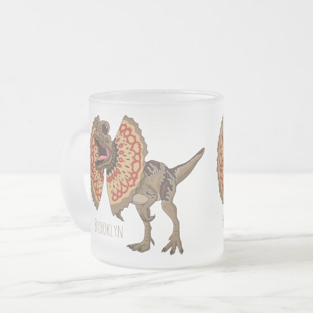 Dilophosaurus cartoon illustration frosted glass coffee mug (Front Left)