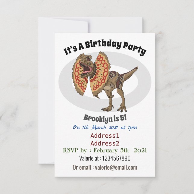 Dilophosaurus cartoon illustration invitation (Front)