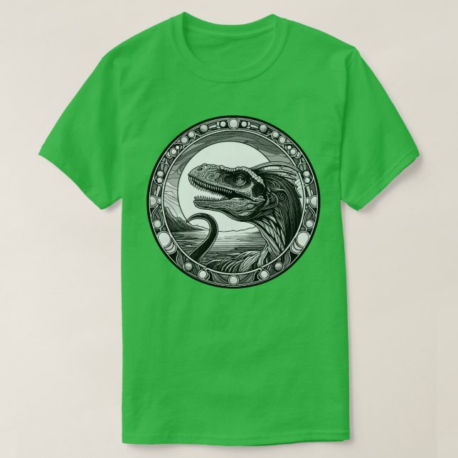 Dilophosaurus Dinosaur in an Art Nouveau Style T-Shirt (Design Front)