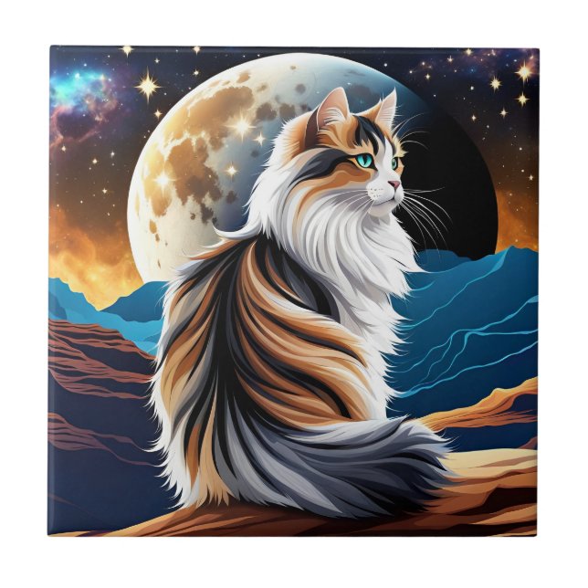 Dilute Calico Cat and Desert Moon Ceramic Tile (Front)