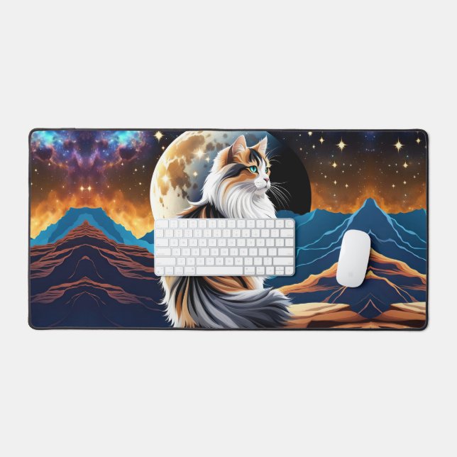 Dilute Calico Cat and Desert Moon Desk Mat (Keyboard & Mouse)