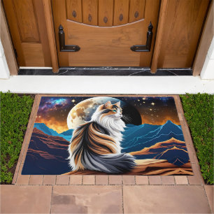 Dilute Calico Cat and Desert Moon Doormat