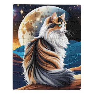 Dilute Calico Cat and Desert Moon Jigsaw Puzzle