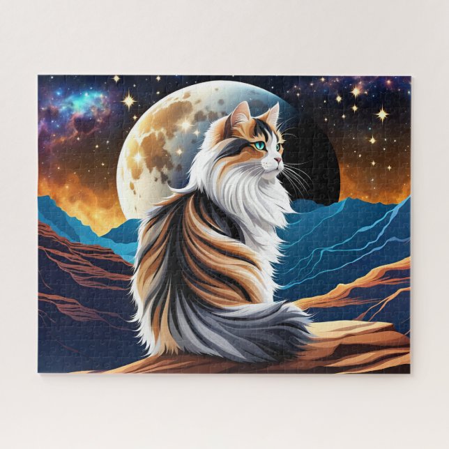 Dilute Calico Cat and Desert Moon Jigsaw Puzzle (Horizontal)